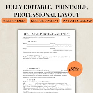 Op de afbeelding: Een afdrukbare vastgoedkoopovereenkomst sjabloon met de tekst "FULLY EDITABLE, PRINTABLE, PROFESSIONAL LAYOUT." Het document bevat secties voor partijen, verkoop van onroerend goed, koopprijs en betaling. De afbeelding bevat ook de tekst "FULLY EDITABLE", "KEEP ALL CONTENT" en "INSTANT DOWNLOAD".