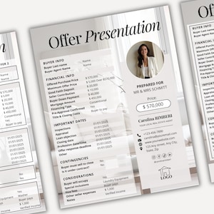 May include: A real estate offer presentation template featuring sections for buyer info, financial details, important dates, contingencies, and considerations. The document includes a circular headshot, contact information, and a placeholder for a logo.
