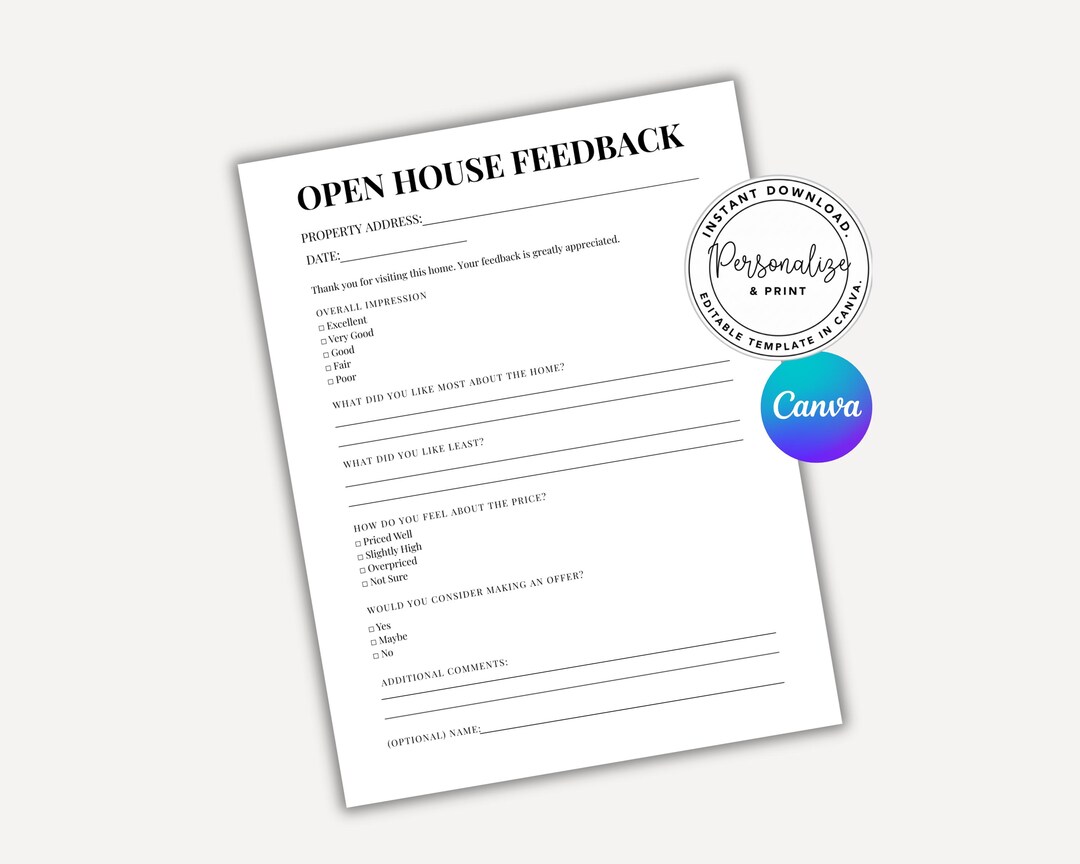 Open House Feedback Form Template | Realtor Marketing Printable | Real ...