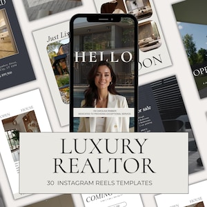Puede incluir: Un conjunto de 30 plantillas de Reels de Instagram para agentes inmobiliarios de lujo. La imagen presenta un teléfono inteligente con una mujer con una blazer blanca. Varias plantillas de marketing con fotos de propiedades y texto rodean el teléfono.