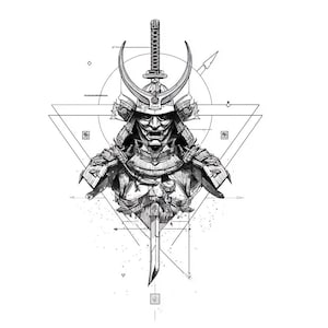May include: Detailed black and white illustration of a samurai helmet, armour, and katana sword, set against geometric shapes. The artwork uses shading and line work to create depth and texture. The design is centered on a white background.