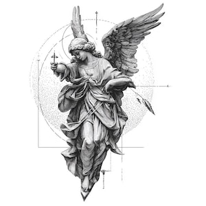 Diseños de tatuajes de ángeles: 188 diseños lineales de guardianes y querubines (descarga digital PNG/SVG/PDF)