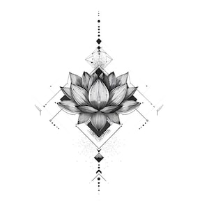 Könnte beinhalten: Schwarz-Weiß-Illustration einer Lotusblume mit geometrischen Formen. Das Design umfasst Diamanten, Linien und Punkte, die ein symmetrisches Muster bilden. Ideal für Tätowierungen oder Kunstdrucke, sehr detailliert.