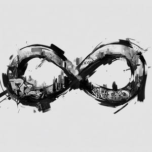 May include: Monochrome artwork depicting an infinity symbol. The symbol is filled with a cityscape and graffiti. The brushstrokes are visible, creating a textured effect against a white backdrop.