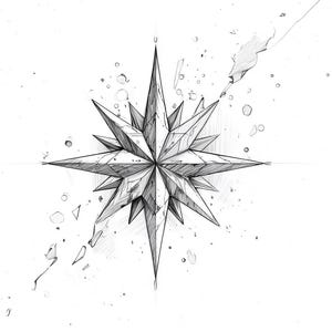 May include: A detailed black and white illustration of a starburst design. The star has sharp, angular points and is rendered with shading to create depth. The artwork is set against a white background with scattered small dots and fragmented lines.
