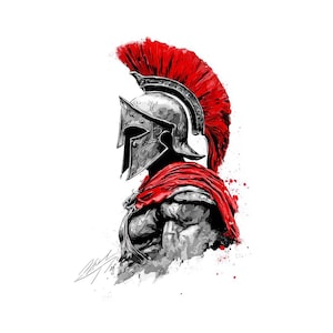 Puede incluir: Ilustración en blanco y negro de un guerrero espartano de perfil, con toques de rojo. El guerrero lleva un casco plateado con una pluma roja y una capa roja. La obra de arte tiene un estilo dramático y artístico.