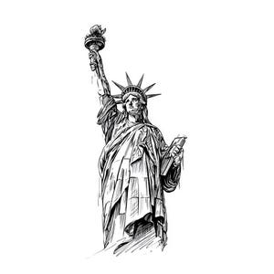 May include: A detailed black and white illustration of the Statue of Liberty. The statue is depicted holding a torch aloft and a tablet in her left hand. The artwork is set against a plain white background.