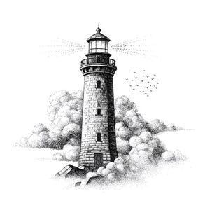 May include: A detailed black and white illustration of a lighthouse. The stone lighthouse has a light shining from the top. Fluffy clouds surround the base, and a flock of birds flies overhead. The image is a pen and ink drawing.