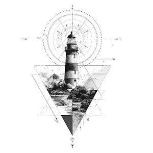 Puede incluir: Ilustración en blanco y negro de un faro con diseño de rosa de los vientos. El faro a rayas está sobre una costa rocosa, con formas geométricas y paisaje montañoso. La obra tiene un tema náutico.