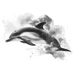 Puede incluir: Ilustración en blanco y negro de un delfín saltando. El delfín está representado con sombreado detallado, creando una sensación de movimiento. El fondo presenta un efecto de nube estilizado.