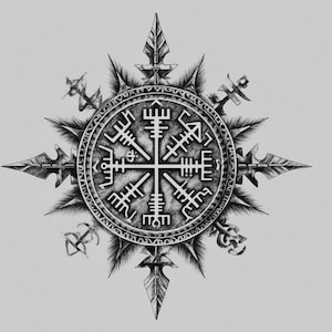 Puede incluir: Ilustración en blanco y negro de una brújula vikinga, o Vegvísir, rodeada de puntas de flecha estilizadas y otros símbolos. El diseño central de la brújula presenta caracteres rúnicos dentro de un marco circular, sobre un fondo gris claro.