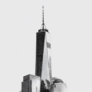May include: Black and white photograph of a tall skyscraper with a spire, set against a plain white background. The building has a modern design with a glass facade and multiple stories. The image is a minimalist architectural study.