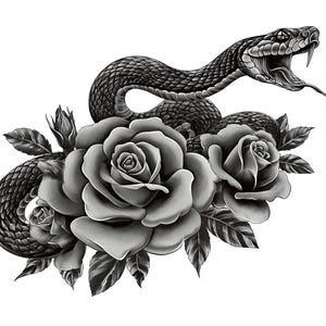 以下が含まれることがあります： バラに巻き付いたヘビの白黒イラスト。ヘビは口を開け、牙が見え、舌を伸ばした姿で描かれています。バラは満開で、詳細な花びらと葉があります。