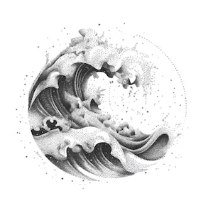 May include: Black and white stippling art of a wave cresting in a circular design. The artwork features detailed shading and dot patterns to create depth and texture, with a scattering of dots around the wave.