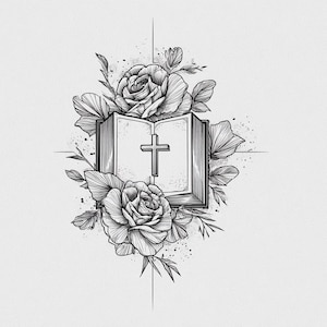 May include: Black and white line art illustration of an open book with a cross, surrounded by roses and leaves. The image has a detailed, hand-drawn style, with shading and texture. The design is centered on a white background.