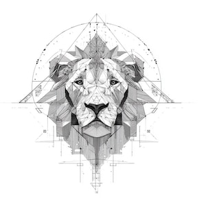 Op de afbeelding: Zwart-wit geometrische illustratie van een leeuwenkop. Het kunstwerk toont een gedetailleerd ontwerp met scherpe lijnen en hoeken, wat een moderne en artistieke esthetiek creëert. Het gezicht van de leeuw is het centrale punt, omringd door geometrische vormen.