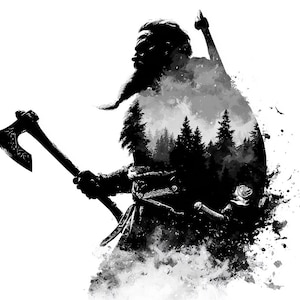 Könnte beinhalten: Schwarz-Weiß-Illustration einer bärtigen Figur mit einer Axt, mit einer Waldszene in der Silhouette. Das Kunstwerk hat einen Aquarelleffekt mit Spritzern und einem strukturierten Aussehen. Die Figur trägt einen Umhang und hat eine Waffe auf dem Rücken.