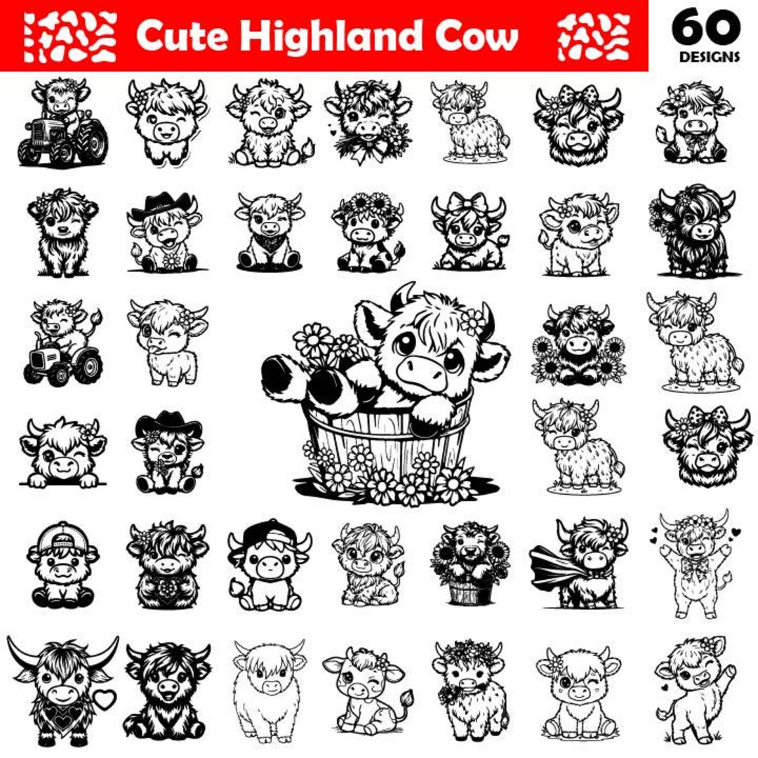 Cute Highland Cow SVG Bundle | Baby Cow PNG Clipart | Floral Farm Cow ...