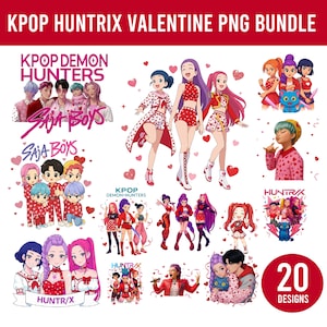May include: A digital art bundle featuring various KPOP-themed designs for Valentine's Day. The images include illustrations of anime-style characters, the text "KPOP DEMON HUNTERS", "SAJA BOYS", "HUNTR/X", and "20 DESIGNS". The color palette includes red, pink, and purple.