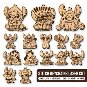 Peut inclure: Porte-clés Stitch en bois découpés au laser, présentant Stitch dans diverses poses. Les détails sont fins et précis. Le texte "STITCH KEYCHAINS LASER CUT" est affiché en bas de l'image.
