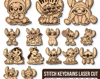 Cute Stitch Keychain SVG Laser Cut File Stitch Character Laser Cut Tag for Gift Car Charm Digital Download Glowforge Files