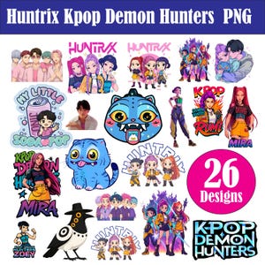 May include: A selection of 26 digital designs featuring Kpop Demon Hunters. The designs include cartoon illustrations of characters, logos, and text elements like "Huntrix," "Kpop," and character names. The colour palette includes pink, blue, and yellow.