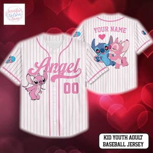 A personalized baseball jersey featuring the characters Stitch and Angel from the movie Lilo & Stitch. The jersey has a pink and white striped design and the name "Angel" printed on it.