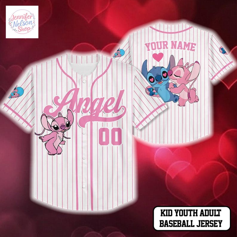 A personalized baseball jersey featuring the characters Stitch and Angel from the movie Lilo & Stitch. The jersey has a pink and white striped design and the name "Angel" printed on it.