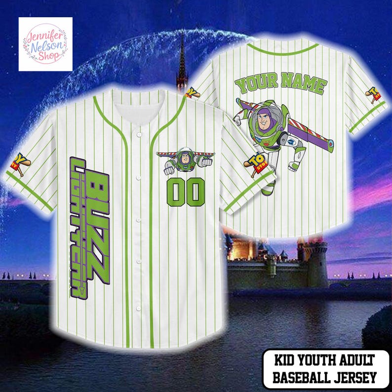 A white baseball jersey with green and yellow stripes, featuring a character from the Toy Story franchise. The jersey has a personalized name and number on the back, and it is designed for a kid or young adult.
