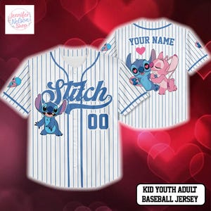 A personalized baseball jersey featuring the character Stitch from the movie Lilo & Stitch. The jersey has a unique design with the character's name and number prominently displayed.