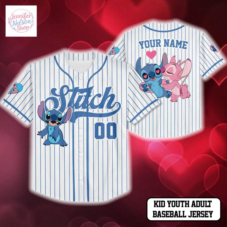 A personalized baseball jersey featuring the character Stitch from the movie Lilo & Stitch. The jersey has a unique design with the character's name and number prominently displayed.
