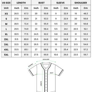 The image is a printed size chart for a baseball jersey, providing the measurements for different sizes.