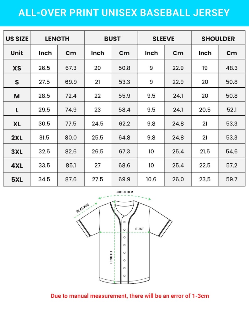 The image is a printed size chart for a baseball jersey, providing the measurements for different sizes.