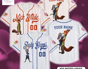 Personalize Judy Hopps and Nick Wilde Baseball Jersey, Custom Zootopia 2 Valentine‘s Day Jersey Shirt, Disney Couple Gift