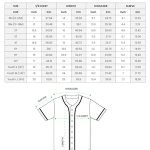 The image is a printed children's baseball jersey size chart, providing measurements for different age groups, including units such as 6M (6-12M) and L (16M). The chart includes the length, width, and shoulder measurements for each age group, along with the corresponding sleeve length. The chart is designed to assist in the accurate measurement of a child's size for a baseball jersey.