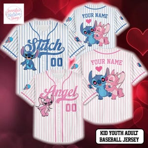 A collection of baseball jerseys featuring the characters Stitch and Angel from the movie Lilo & Stitch. The jerseys have personalized text and images, including the characters' names and a heart symbol.