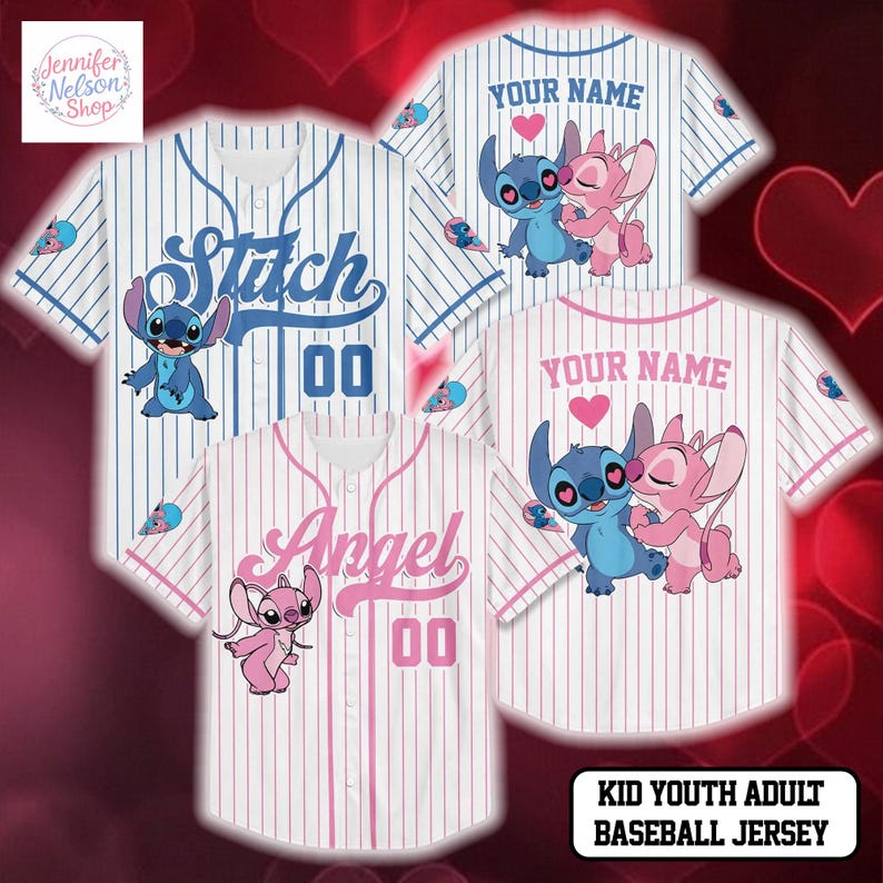 A collection of baseball jerseys featuring the characters Stitch and Angel from the movie Lilo & Stitch. The jerseys have personalized text and images, including the characters' names and a heart symbol.