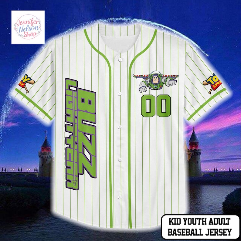 A white baseball jersey with green and yellow stripes, featuring a character from the Toy Story franchise.