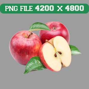 Könnte beinhalten: Drei rote Äpfel, einer halbiert, mit grünen Blättern. Die Äpfel haben eine leuchtend rote Schale und ein hellgelbes Inneres. Das Bild enthält den Text "PNG FILE 4200 X 4800" in einem grünen Banner.