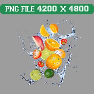 Peut inclure: Image dynamique de fruits variés, dont des oranges, des fraises, des citrons verts et une pomme, au milieu d'éclaboussures d'eau. Les fruits sont coupés de différentes manières, créant un visuel dynamique et rafraîchissant. Le texte "PNG FILE 4200 X 4800" est en haut.