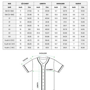 The image is a printed children's baseball jersey size chart, providing measurements for different age groups, including units such as 6M (6-12M) and L (16M). The chart includes the length, width, and shoulder measurements for each age group, along with the corresponding sleeve length. The chart is designed to assist in the accurate measurement of a child's size for a baseball jersey.