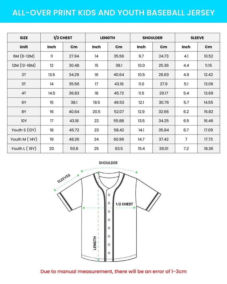 The image is a printed children's baseball jersey size chart, providing measurements for different age groups, including units such as 6M (6-12M) and L (16M). The chart includes the length, width, and shoulder measurements for each age group, along with the corresponding sleeve length. The chart is designed to assist in the accurate measurement of a child's size for a baseball jersey.