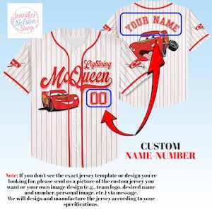 A personalized baseball jersey with a red and white striped design featuring a red car and the text "Lightning McQueen 00". The jersey has a name and number printed on it, and there is a message indicating that the customer can customize the jersey by sending a picture of their own design.