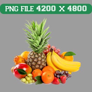 Puede incluir: Un vibrante surtido de frutas frescas, que incluye una piña, plátanos, naranjas, uvas, fresas y un mango. La imagen incluye el texto "PNG FILE 4200 X 4800" en una pancarta verde.