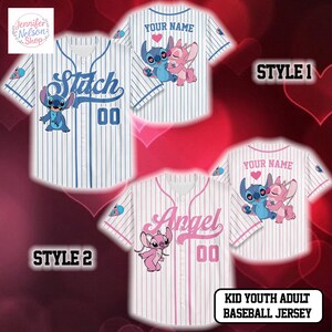 four baseball jerseys with the character Stitch and the character Angel printed on them. The jerseys are in different styles, including Style 1, Style 2, Style 3, and Style 4.