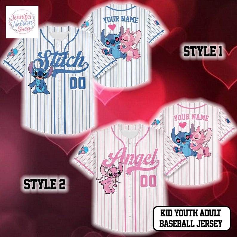 four baseball jerseys with the character Stitch and the character Angel printed on them. The jerseys are in different styles, including Style 1, Style 2, Style 3, and Style 4.