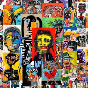 May include: A collage of vibrant, neo-expressionist paintings featuring stylized human faces and figures. The artwork displays bold, contrasting colors, thick brushstrokes, and abstract shapes. Text elements include the words Angels, Run, and Aopkhes.