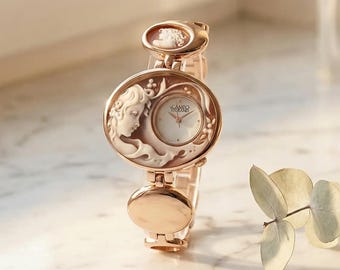 Floral Cameo Watch - Sun Kissed, Mother's Day gift, anniversary, memorable handmade present, floral bracelet, 18k gold bracelet, mum gift
