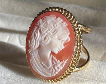 18k Gold Plated Cameo Ring, Italian Sea Shell Carving, Adjustable Statement Ring