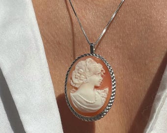 Handmade Sea Shell Cameo Necklace Brooch, Sterling Silver Frame, Italian Artisan Jewelry